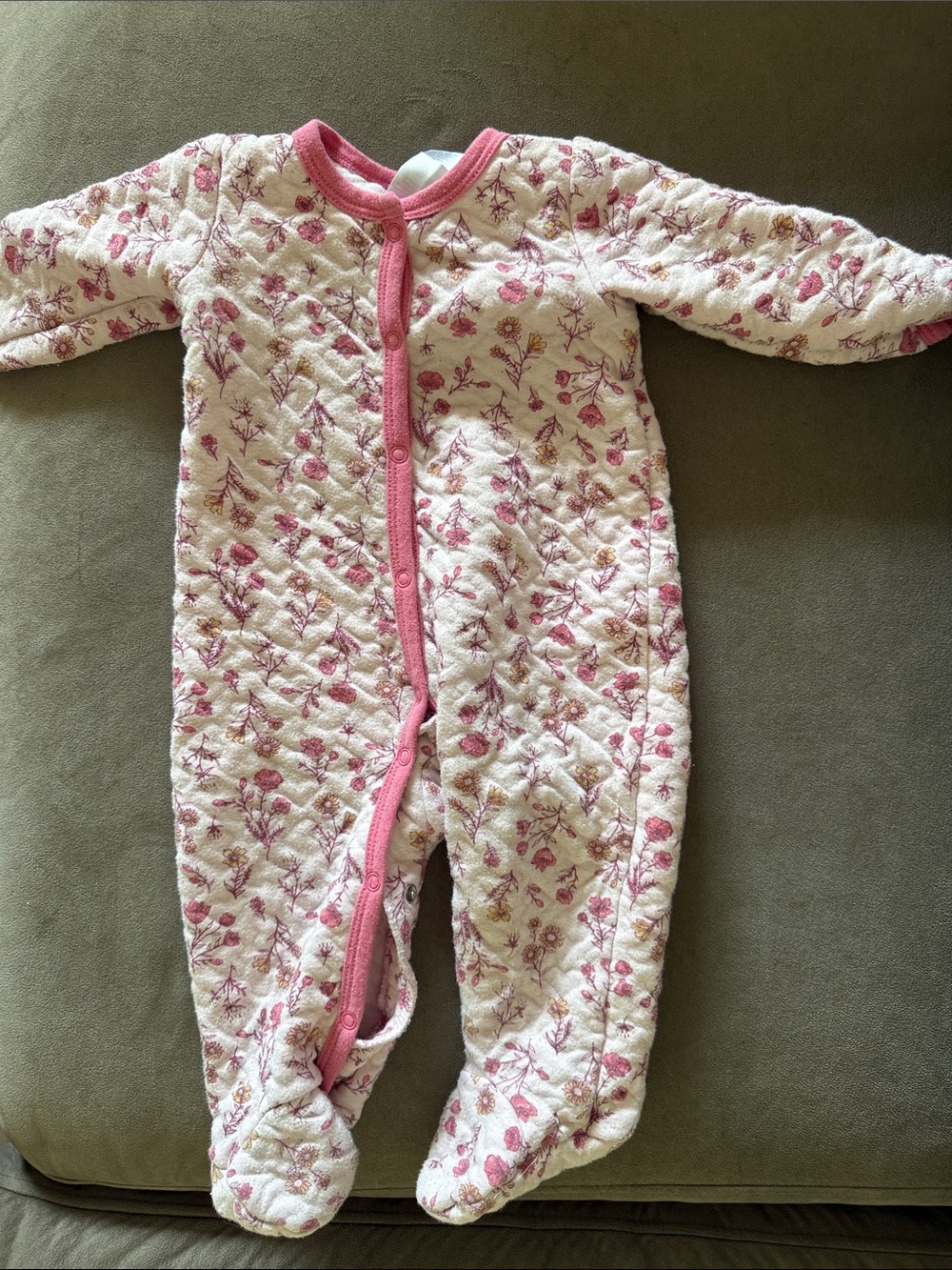 Girls' Pink Floral Quilted One-Piece Footed Romper